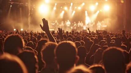 Canvas Print - a crowded concert hall with scene stage lights , rock show performance, with people silhouette, on d