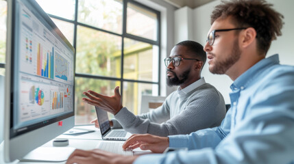 Poster - Two professionals are engaged in a discussion over a computer displaying colorful analytical graphs, suggesting a collaborative business meeting or data review session.