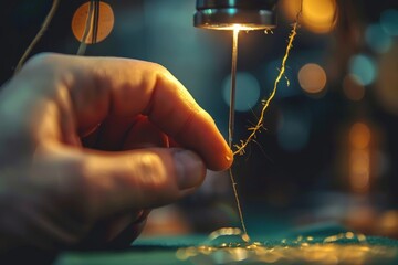 Wall Mural - Skilled tailor threading a needle over sewing machine in workshop