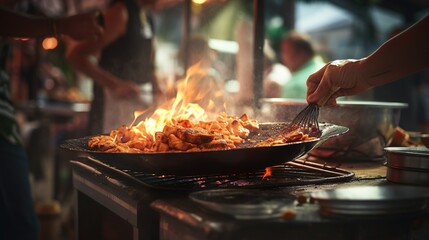 Wall Mural - Chef hands keep wok with fire. Closeup chef hands cook food with fire. Chef man burn food at professional kitchen.