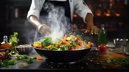 Wall Mural - Chef hands keep wok with fire. Closeup chef hands cook food with fire. Chef man burn food at professional kitchen.