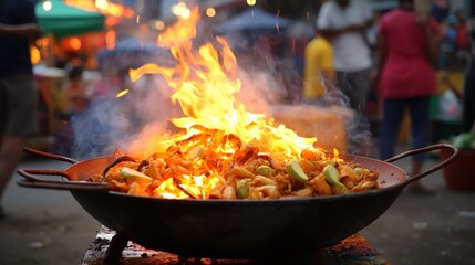 Wall Mural - Chef hands keep wok with fire. Closeup chef hands cook food with fire. Chef man burn food at professional kitchen.