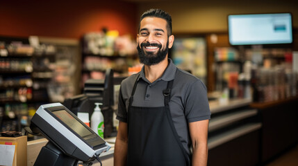 Wall Mural - A smiling male cashier in a retail grocery store stands at the checkout counter with a point-of-sale system, dressed in a uniform with an apron and suspenders, ready to assist customers.