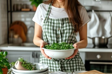 Close up of female hands holding plate with small microgreens plant