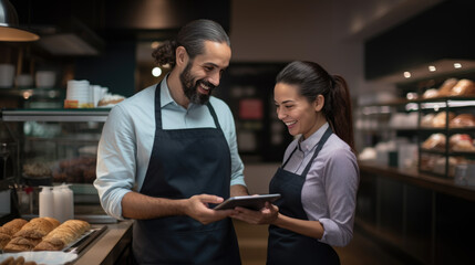 Poster - Cafe worker and manager smiling and engaging with each other while using a tablet