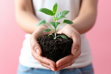 Close up of female hands taking care of small plant. Greenhouse flower seedlings.