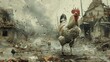 Defiant rooster surveys its surroundings in a devastated urban landscape, with the backdrop of crumbling buildings and debris
