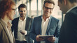 © Studio Nova - Two businessmen in suits looking at a tablet together in a modern office environment.