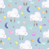 Fototapeta Zwierzęta - Hand-drawn watercolor seamless pattern with cute clouds, stars on a gray background.