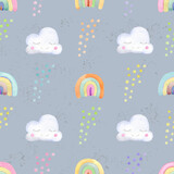Fototapeta Konie - Hand-drawn watercolor seamless pattern with cute clouds, stars on a gray background.