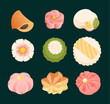 Vector set of Japanese pastry, wagashi, traditional sweet, Asian pastry vector illustration.