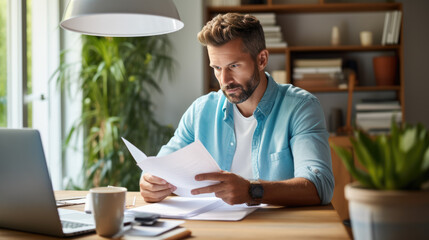 Canvas Print - Focused man working on a laptop and reading a document.