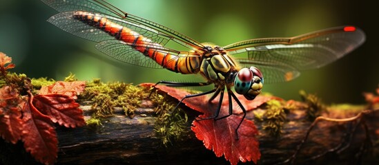 Wall Mural - An arthropod, the dragonfly, perches on a red leaf of a terrestrial plant. With its intricate wings, it rests as a pollinator in this serene event