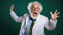 Man With Wild White Hair And Glasses, Wearing A Lab Coat, Excitedly Throwing His Hands Up In The Air Against A Green Background