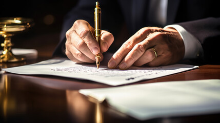 Close-up of a person's hand signing a document with a luxurious pen