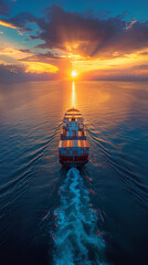 Photo cargo ship with containers on the ocean sunset