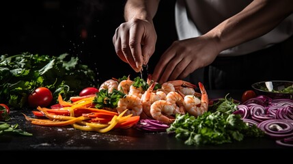 Wall Mural - Professional chef prepares shrimps with greens. Cooking seafood, healthy vegetarian food, and food on a dark background. Horizontal view.