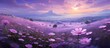 A stunning natural landscape featuring a field of purple flowers with violet petals against a plain horizon, with a sunset in the background and clouds scattered in the sky