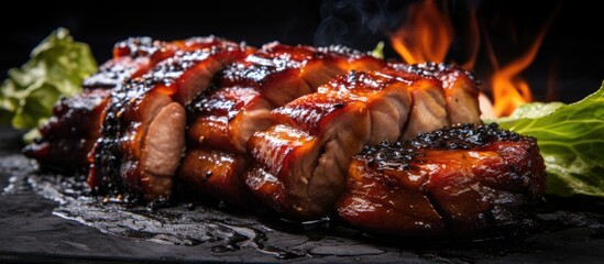 Wall Mural - A pork dish is being grilled on an outdoor grill, with flames engulfing the meat, in preparation for a delicious and flavorful recipe