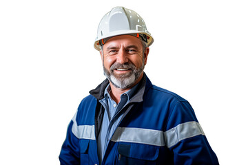 Portrait of a worker or industrial engineer wearing a hard hat and worker uniform in a factory plant or refinery. Image with no background. Generative AI