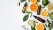 Natural cosmetics concept, fresh ingredients for skin treatment vitamin C serum, flat lay Close-up of capsules over white background, Generative Ai