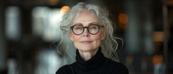 Wall Mural - A mature woman in black glasses poses for a portrait