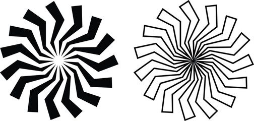 Sunburst element radial stripes or sunburst backgrounds icons set. Collection of rays design. Retro stars black vector isolated on transparent. Editable stock line and flat geometric sunburst symbol.