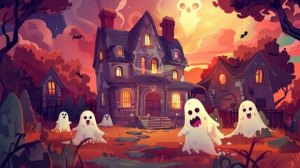 An illustrated scene of a haunted Victorian style house with playful ghosts set against a twilight sky with flying bats.