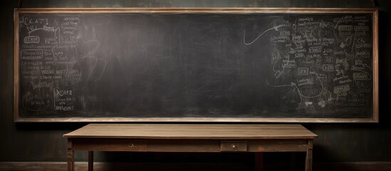 Wall Mural - An empty classroom featuring a blackboard mounted on a hardwood facade with a wooden rectangle desk for handwriting display