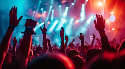 Canvas Print - a crowded concert hall with scene stage lights , rock show performance, with people silhouette, on d