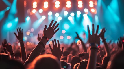 Canvas Print - a crowded concert hall with scene stage lights , rock show performance, with people silhouette, on d