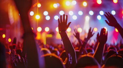 Wall Mural - A crowded concert hall with scene stage lights , rock show performance, with people silhouette, on dance floor air during a concert festival