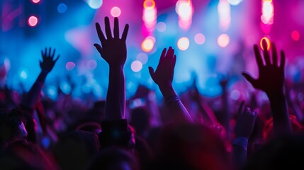 Canvas Print - a crowded concert hall with scene stage lights , rock show performance, with people silhouette, on d