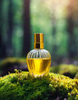 Yellow glass perfume bottle on top of moss in forest. Luxury fragrance. Mock-up.