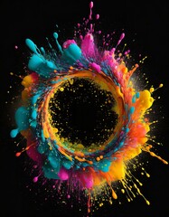 Canvas Print - Abstract circle liquid motion flow explosion. Curved wave colorful pattern with paint drops on black background