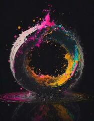 Wall Mural - Abstract circle liquid motion flow explosion. Curved wave colorful pattern with paint drops on black background