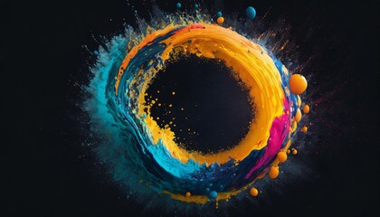 Wall Mural - Abstract circle liquid motion flow explosion. Curved wave colorful pattern with paint drops on black background