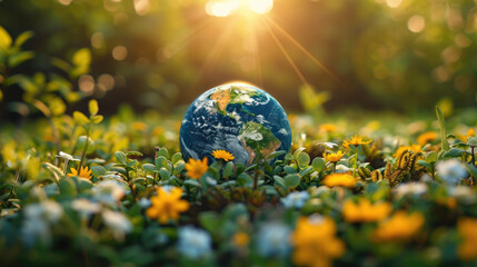 Earth planet globe on green fresh grass and sun rays. Earth day concept. Environment Earth Day. Ecology. Save clean planet