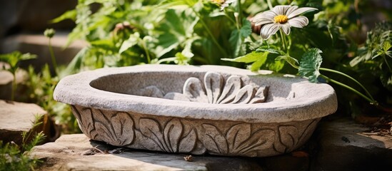 Wall Mural - Stone Sink Garden Decor-Focused on Exterior Floral Design