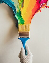 Wall Mural - Hand with glove holding paint brush with rainbow color paint splash on white wall background