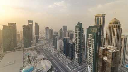 Wall Mural - Skyscrapers before sunset timelapse in the skyline of commercial center of Doha