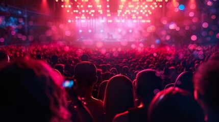 Canvas Print - a crowded concert hall with scene stage lights , rock show performance, with people silhouette, on d