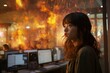 A woman standing in front of multiple monitors in an office where a terrible fire broke out.