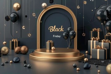 Poster - Black Friday banner background with a podium platform, black and gold stuff on a dark scene for product stand