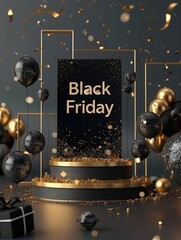 Poster - Black Friday banner background with a podium platform, black and gold stuff on a dark scene for product stand