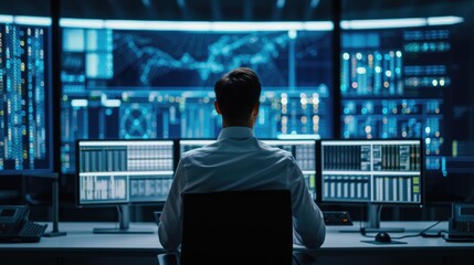 A man, wearing a hat and headphones, sits in front of a multimedia display device in a control room with an electric blue ambiance. AIG41
