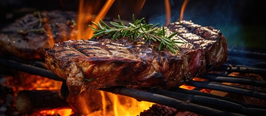 Poster - A steak is being cooked on a grill over flames fueled by wood. The heat from the fire enhances the cooking process in this outdoor event