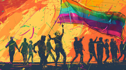 Wall Mural - pride people holding a rainbow flag and celebrating freedom vector illustration,