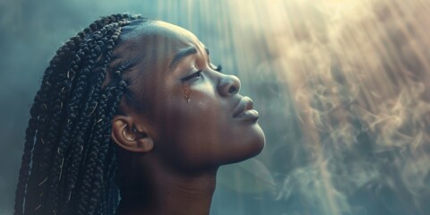 Wall Mural - young african american woman praying to god in tears Generative AI