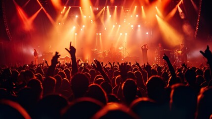 Wall Mural - A crowded concert hall with scene stage lights , rock show performance, with people silhouette, on dance floor air during a concert festival